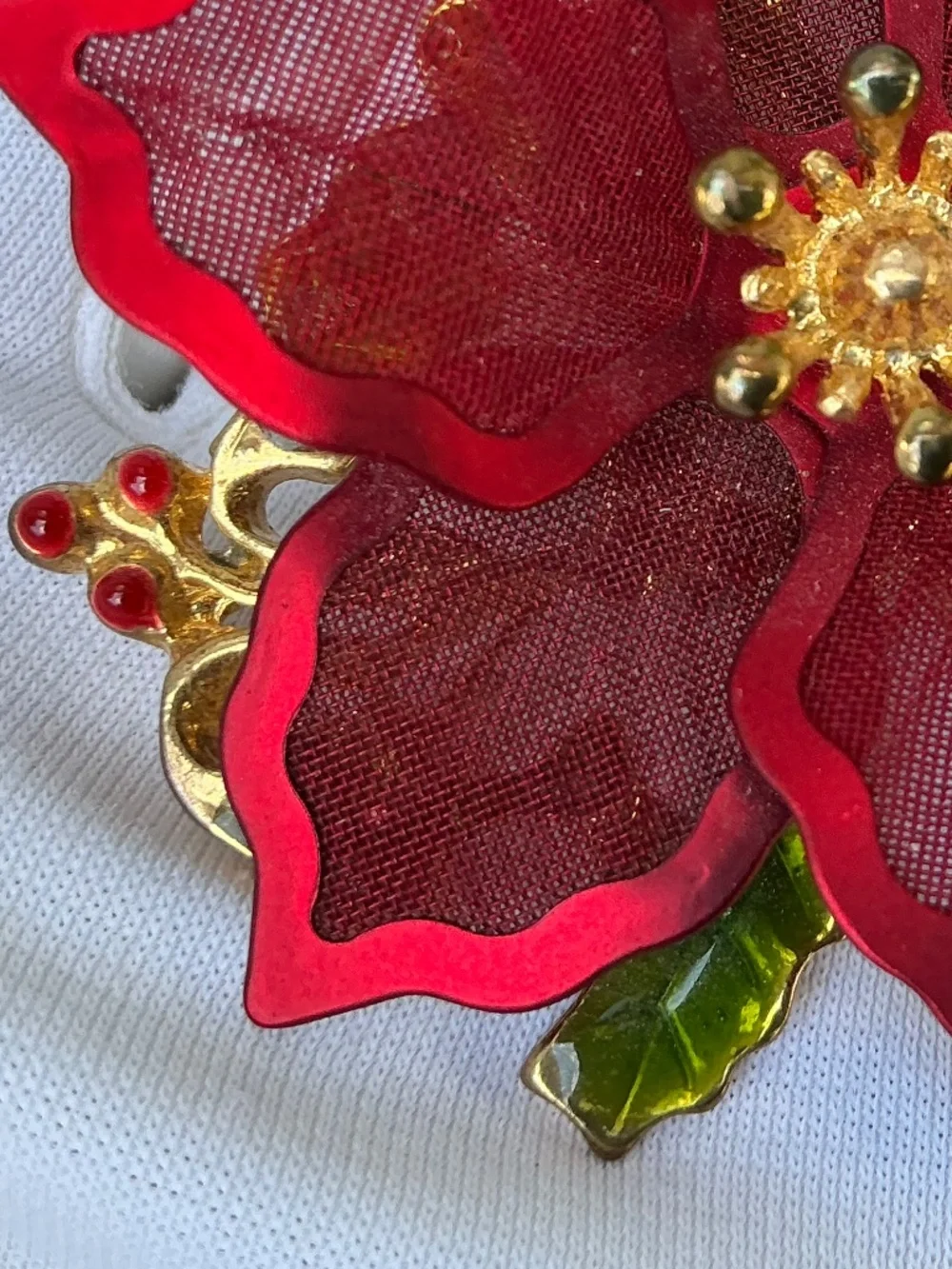 Vintage 1990s Kenneth Cole Signed Red Mesh Poinsettia Brooch Holiday Pin